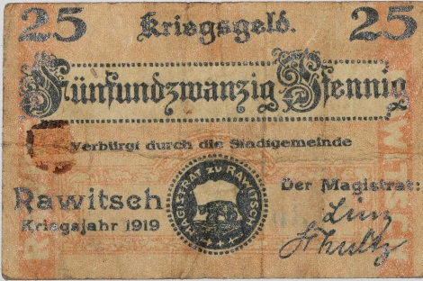 War emergency money, 25 Pfennig, Rawitsch 1919