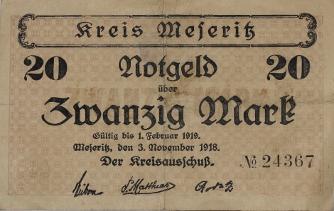 Emergency money, 20 Marks, Kreis Meseritz 1918